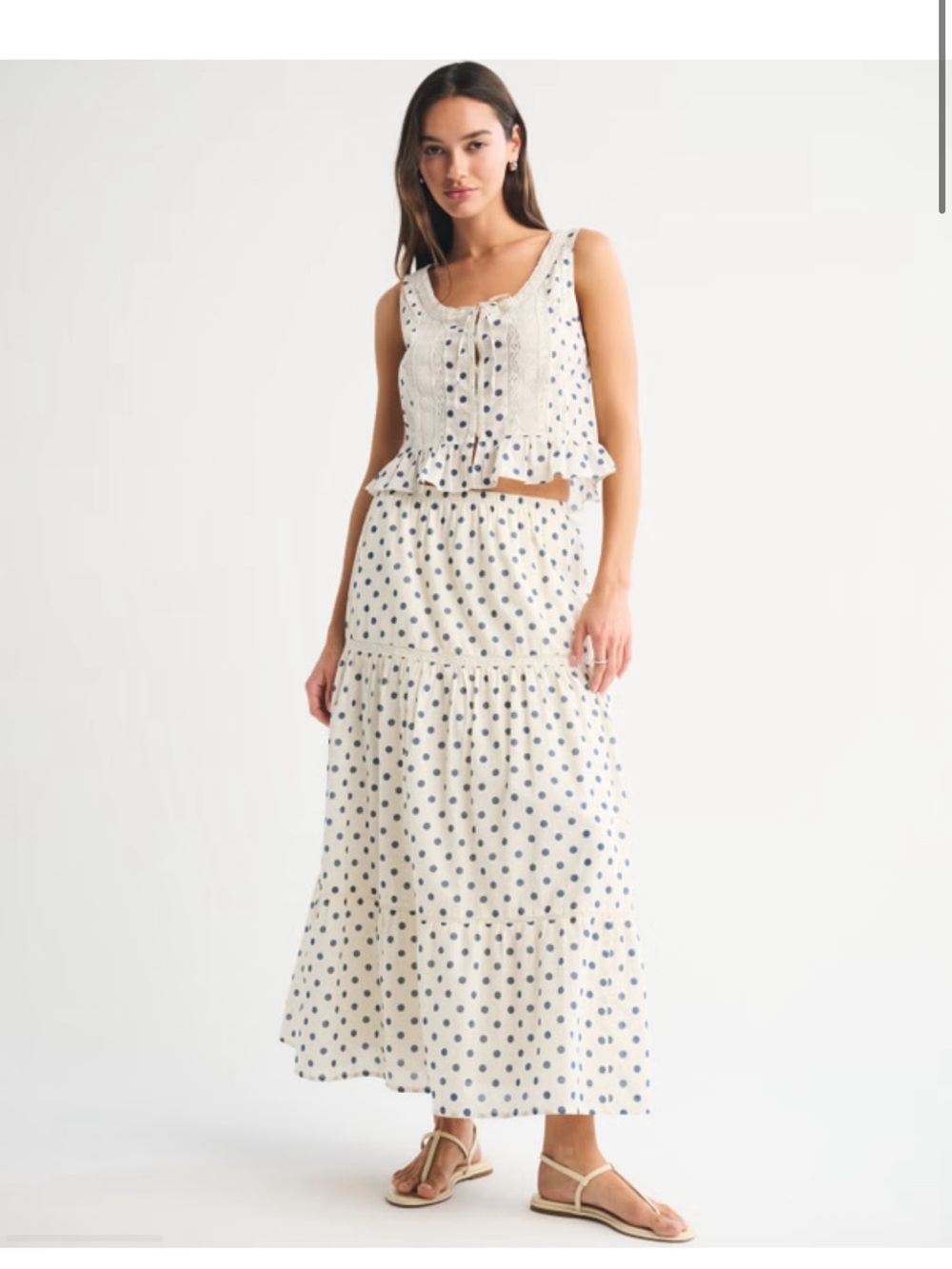 Cream Polka Dot Tiered Maxi Skirt & Top Set Cream & Navy